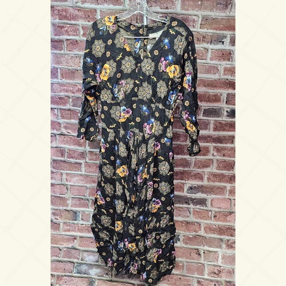 Vintage Maggie Lawrence Floral Midi Dress‎ – Women’s Size 12 Boho Black Rayon
